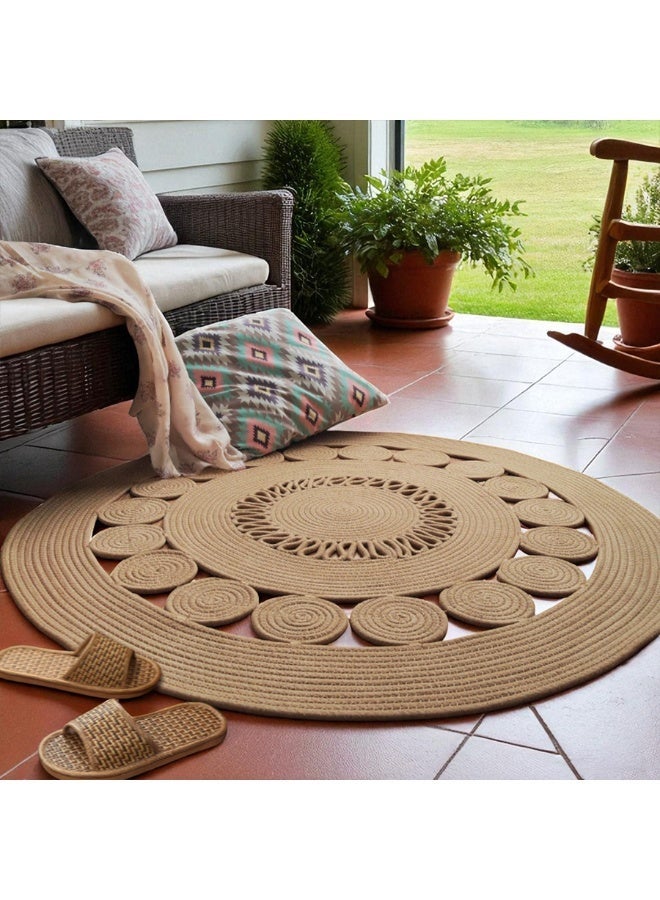 LAZY H CORNER Bohemian Round Rugs Hand Woven - Linen Natural Fiber Flower Shaped Circle Rugs for Bedroom & Living Room, Non-Slip & Washable Bath Mats, Home Decor For Family 100cm/120cm - Image 1